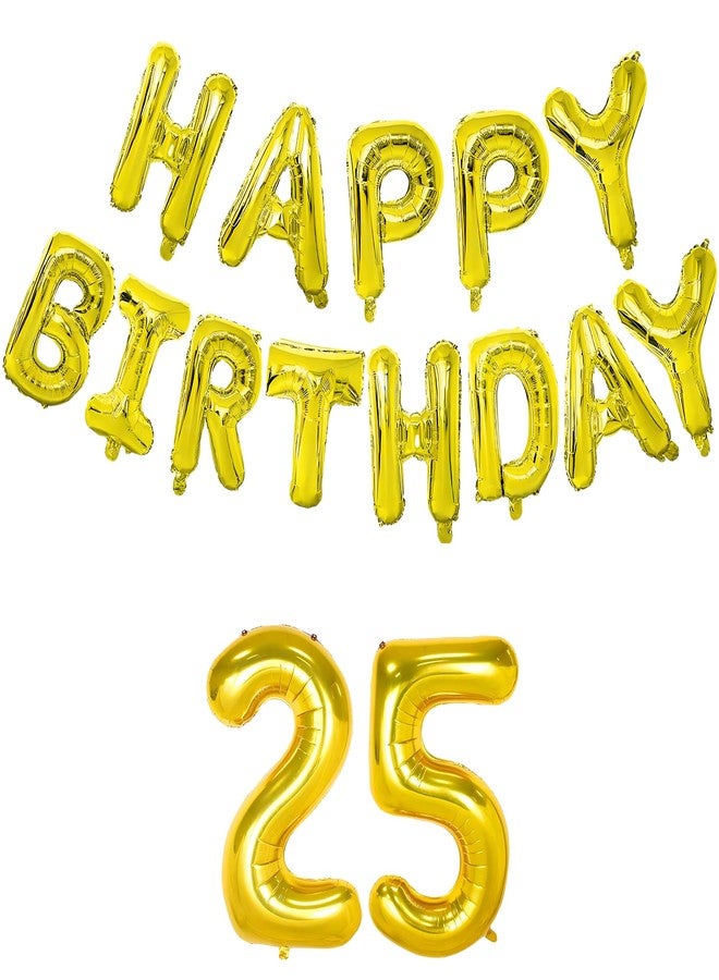 Flyloons مجموعة بالونات عيد ميلاد سعيد ذهبية من فلاي لونز، مناسبة للأولاد والبنات الذين يبلغون من العمر 25 عامًا | مع الرقم 25 | 13 حرفًا | بالونات فويل معدنية قابلة لإعادة الاستخدام، 15 قطعة - Image 1